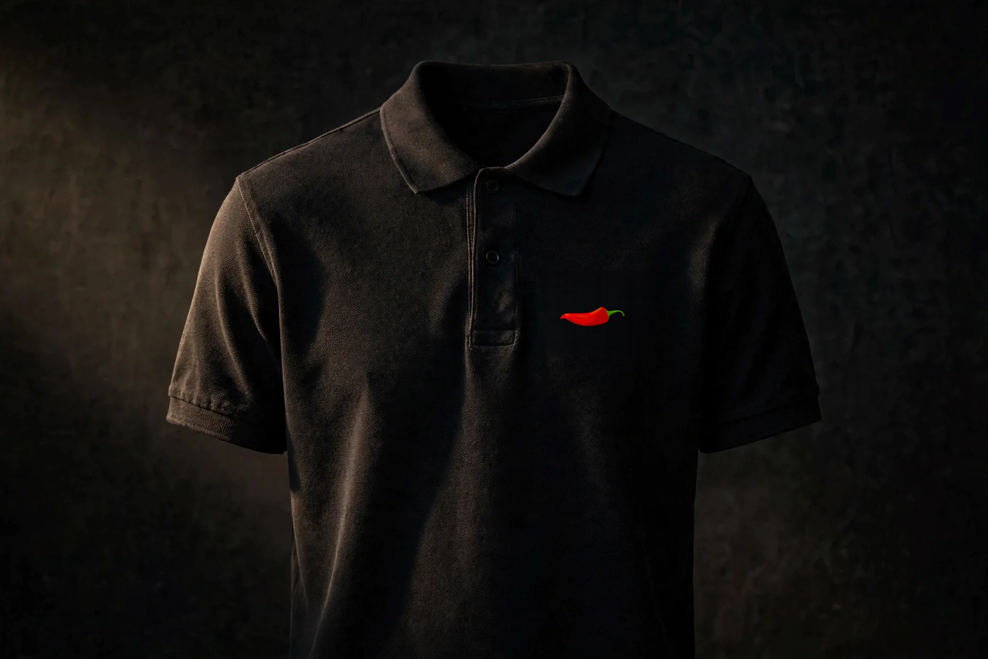 Black piqué polo with the small red chili emblem, lit dramatically against a dark studio background