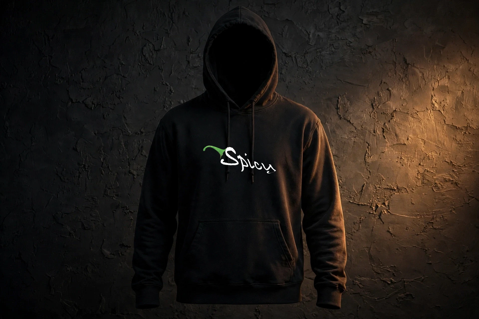 Black hoodie with the Spicy script embroidered in chili-orange across the chest, dark studio