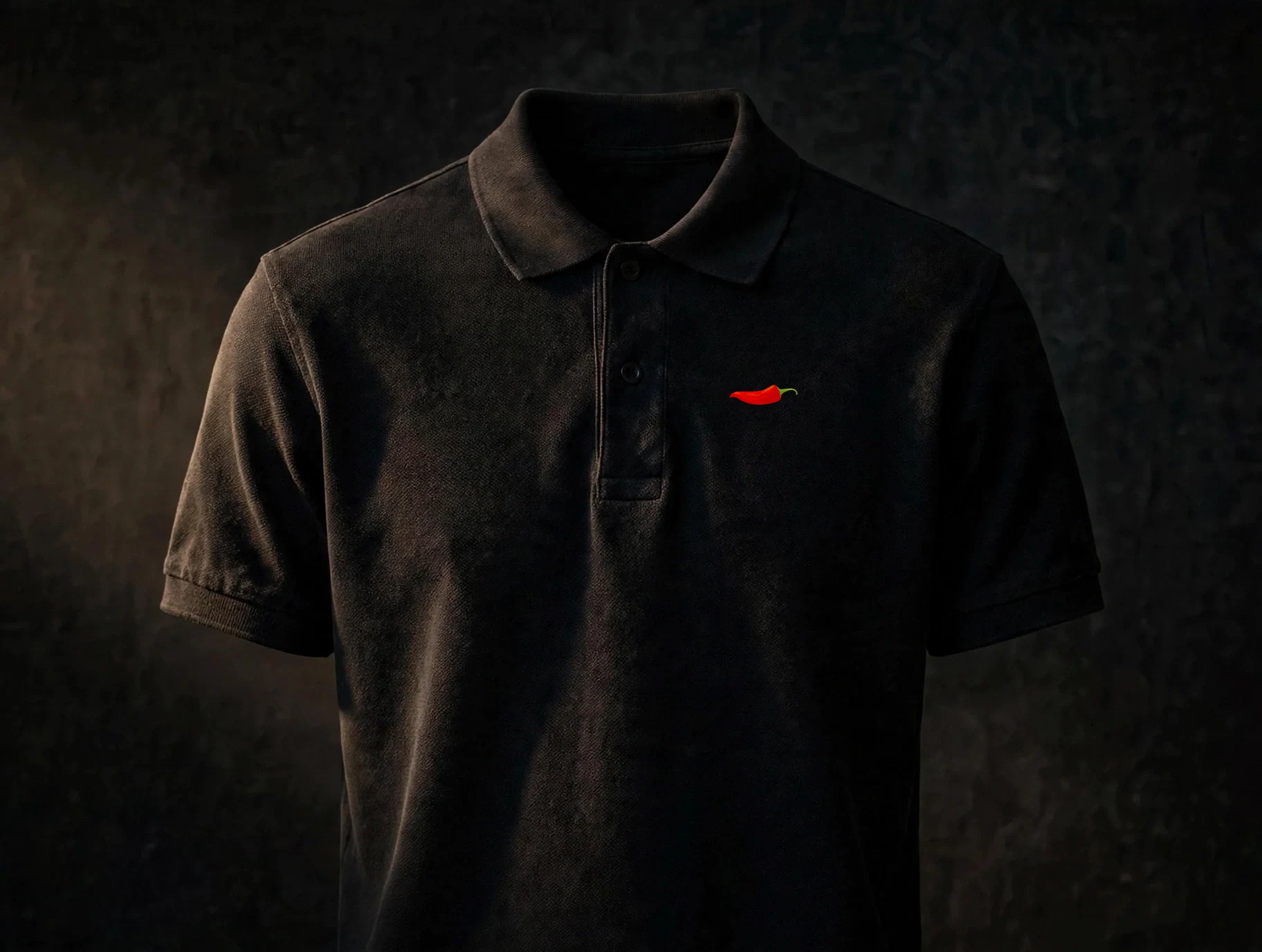 Black piqué polo shirt with the small red chili emblem embroidered on the left chest, dark studio