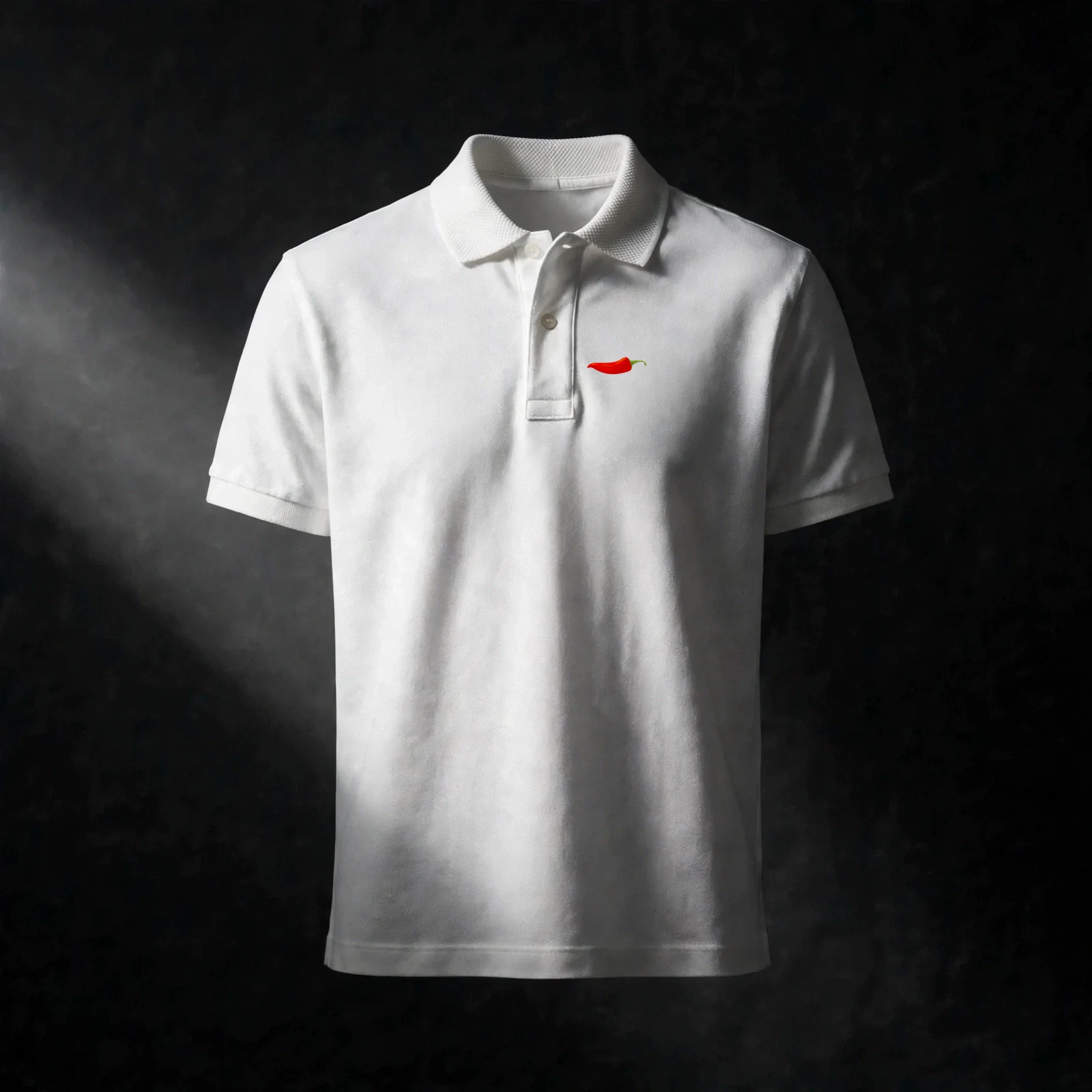 White piqué polo shirt with the small red chili emblem embroidered on the left chest, against a black studio background